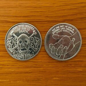Romans 6:23/Wages of Sin but Eternal Life Jesus Christ Gospel Witnessing 2 Coins